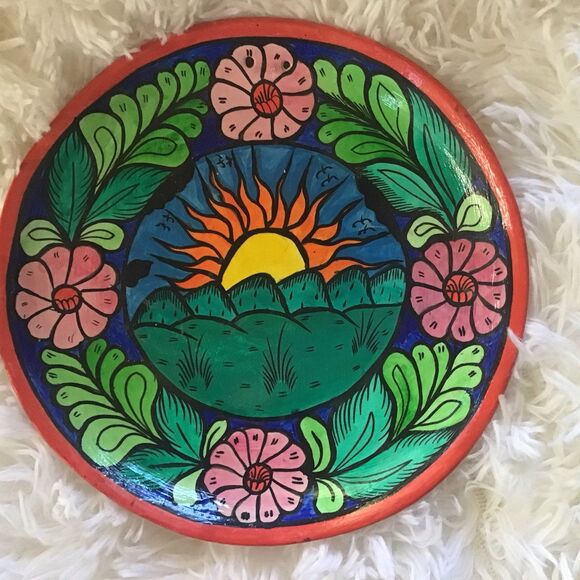 Tonala Mexican Folk Art Potter Collector Plate Hand Painted 7 Inch Colorful Sun - Picture 1 of 6